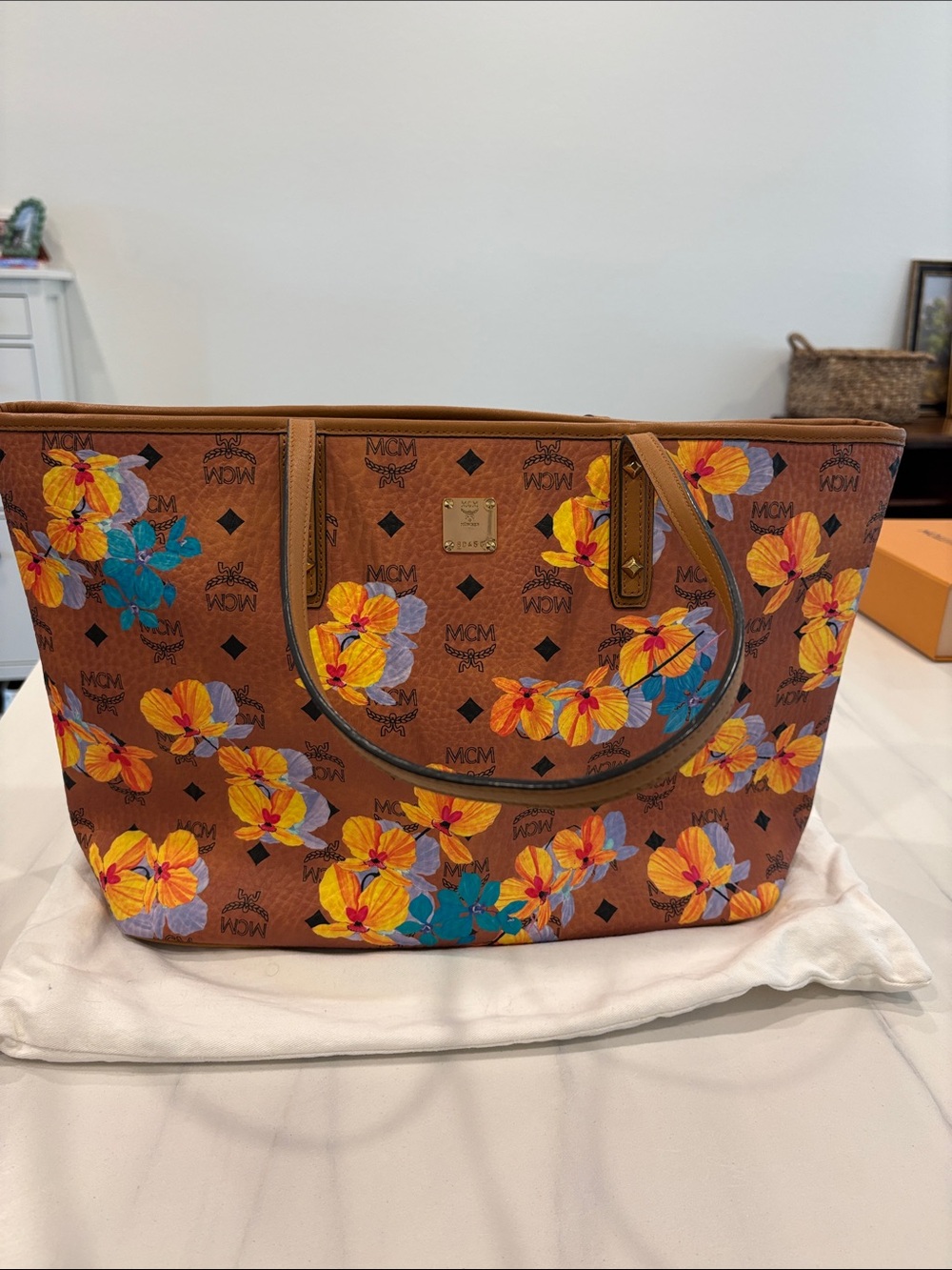 MCM Limited Edition Patch Floral Cognac Visetos Top Zip Shopper Bag